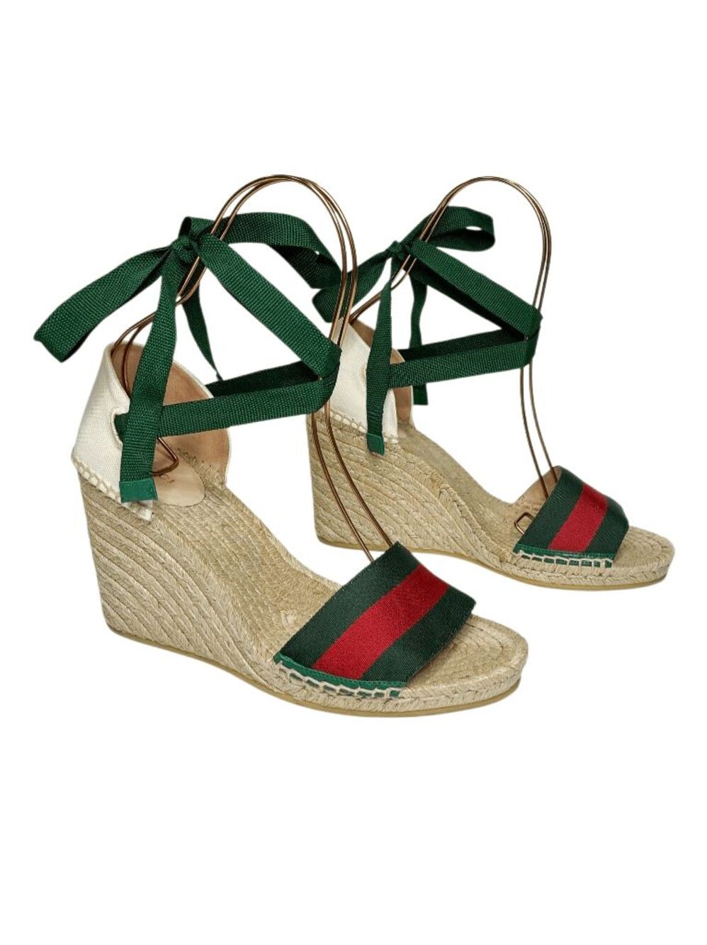 Gucci Lilibeth Web Espadrille Wedge Sandals EU 39.5 Wrap Around Tie Striped Heel